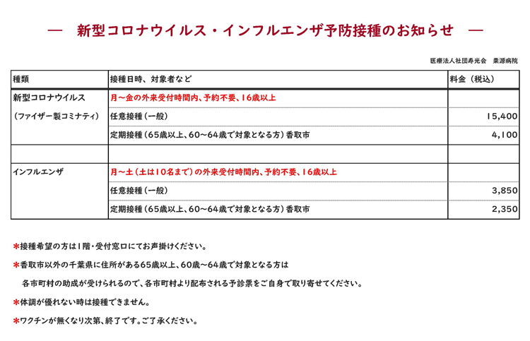 新型コロナウイルス・インフルエンザ予防接種のお知らせ